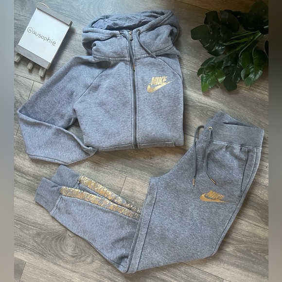 Rare! Nike rally jogger (xs) & zip hoodie (s) set Heathered grey & metallic gold - Picture 2 of 16